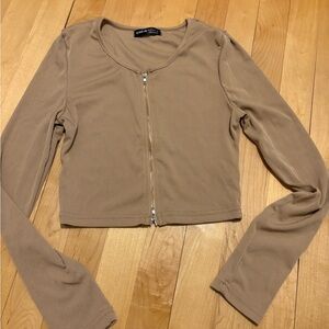 SHEIN Tan Zip-Up Long Sleeve Crop Top